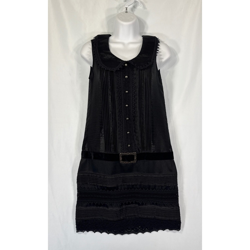 Anna Sui Black Lace Pintuck Drop Waist Dress Velvet Belt 20s Inspired Size 3